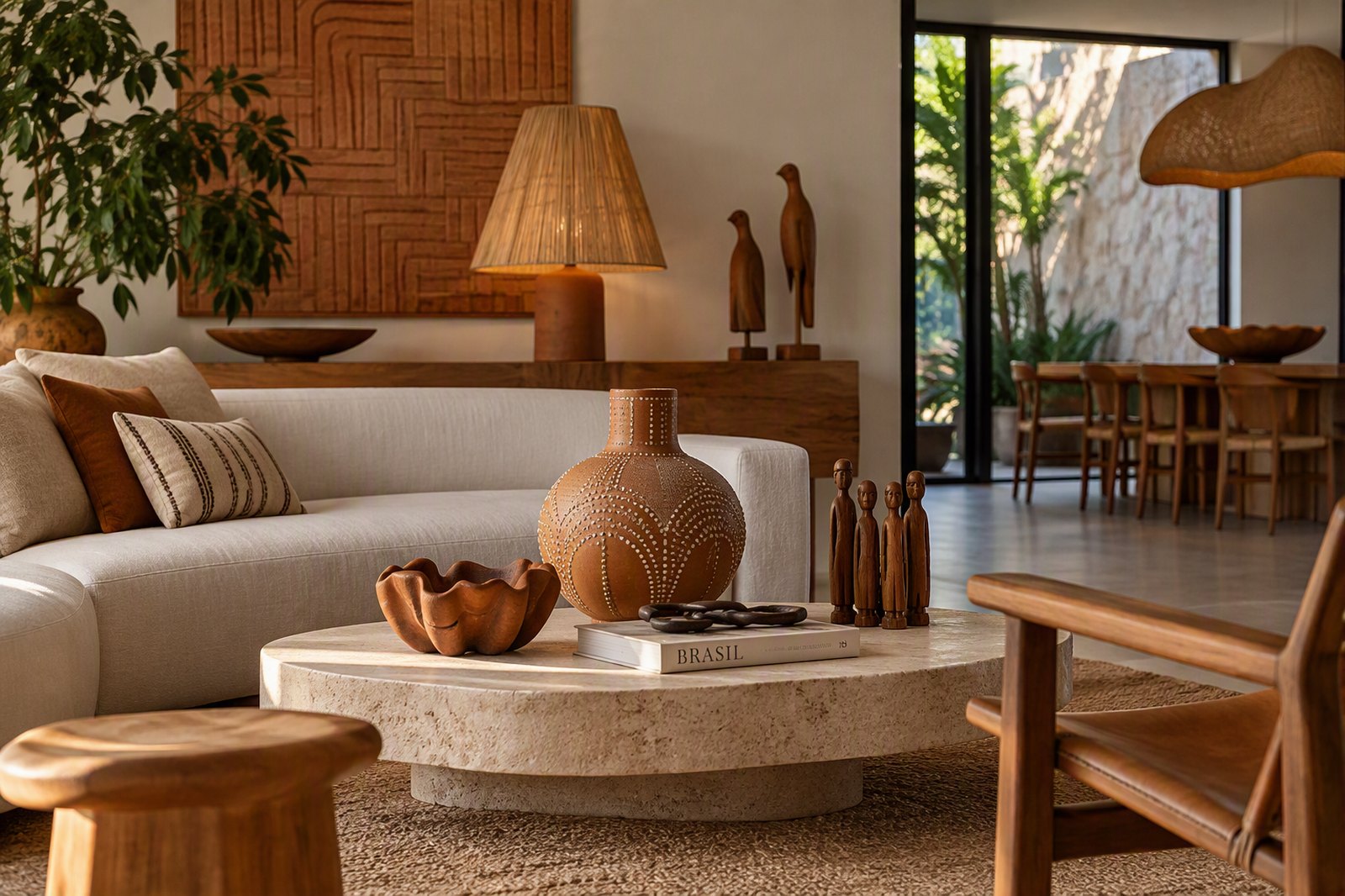 Sala de estar com vaso de cerâmica, esculturas de pássaros e bonecos de madeira sobre a mesa de centro