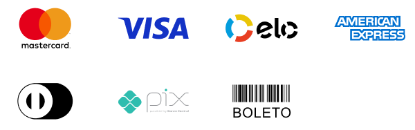 Mastercard, Visa, Elo, American Express, Diners, Pix e boleto
